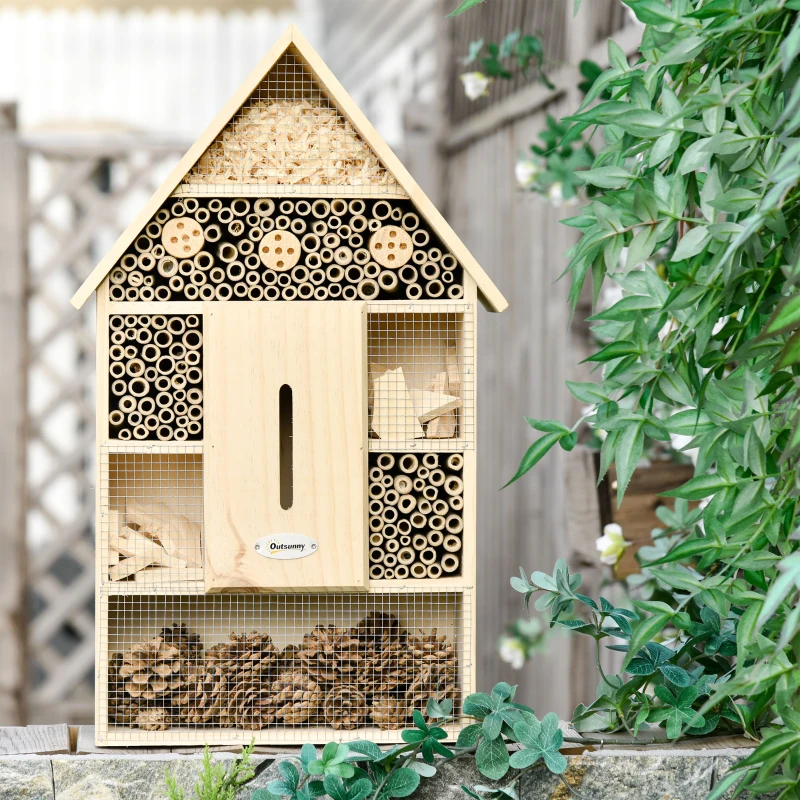 Outsunny Insektenhotel Insektenhaus mit 5 Etagen Metallgitter Bienenhotel aus natürlichen Materialien für Käfer Bienen Wespen und Schmetterlinge Kiefernholz Bambus Metall Naturholz 32 x 12,5 x 57 cm