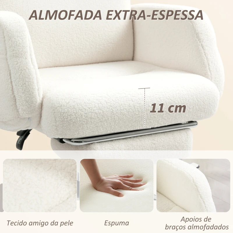 HOMCOM Cadeira de Escritório com Apoio para Pés Estofada em Borreguito e Encosto Reclinável  67x74x107-115 cm Creme