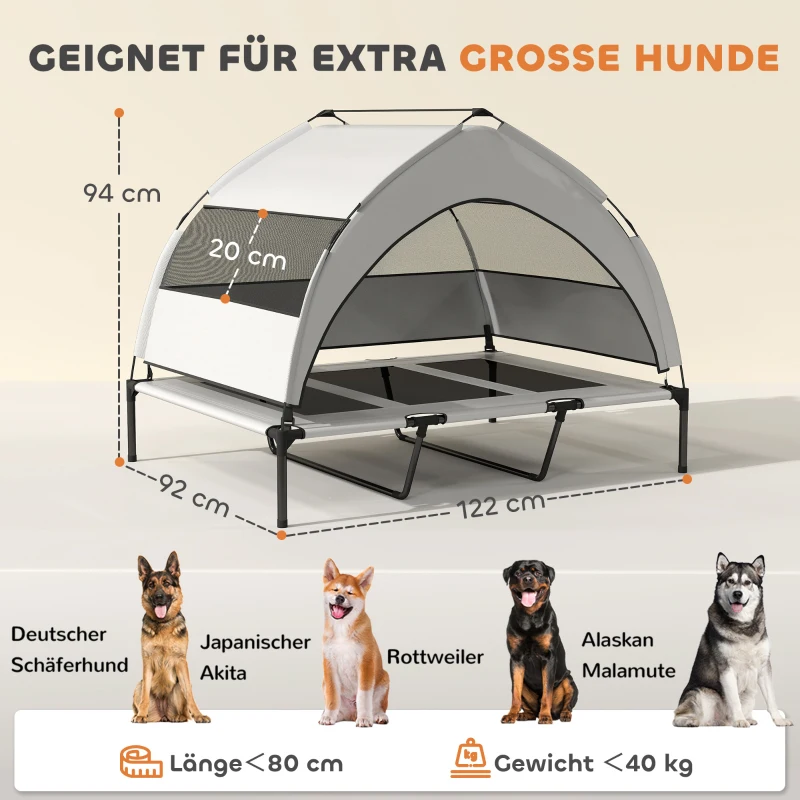 PawHut Hondenbed Outdoor met Dak, Verhoogd Hondenbed voor Extra Grote Honden, met Stalen Frame, 122x92x94cm, Lichtgrijs