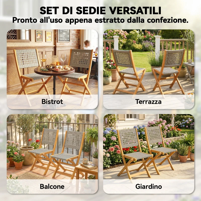 Outsunny Set di 2 Sedie Pieghevoli da Giardino in Rattan PE e Legno di Acacia, Supporto fino a 160 kg, Grigio