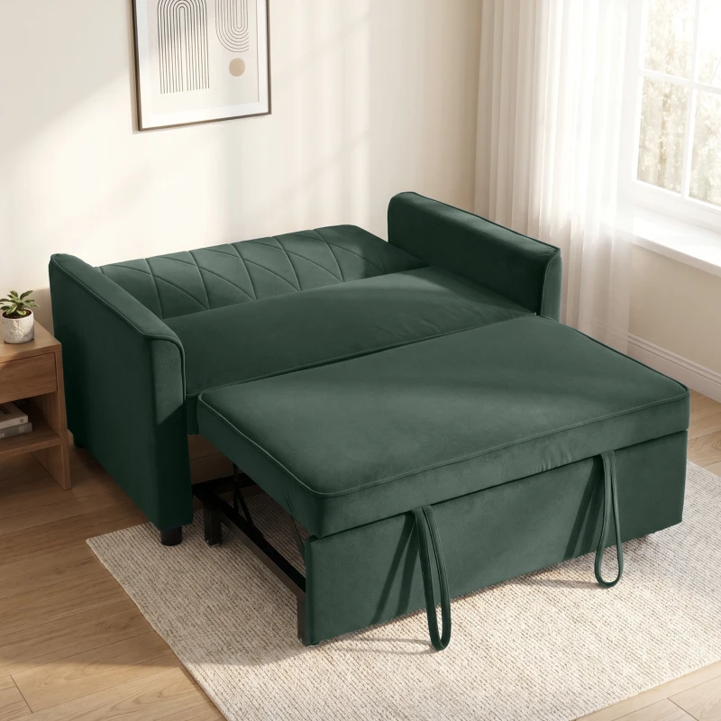HOMCOM 2 Seater Sofa Bed, 3-in-1 Convertible Pull Out Sleeper Sofa with Click-Clack Adjustable Backrest, Dark Green