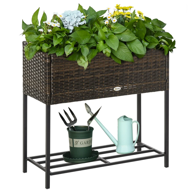 Outsunny Poly rotan bloembak met verhoogd bed en poten Bloempot met plank bruin 70 x 30 x 72 cm