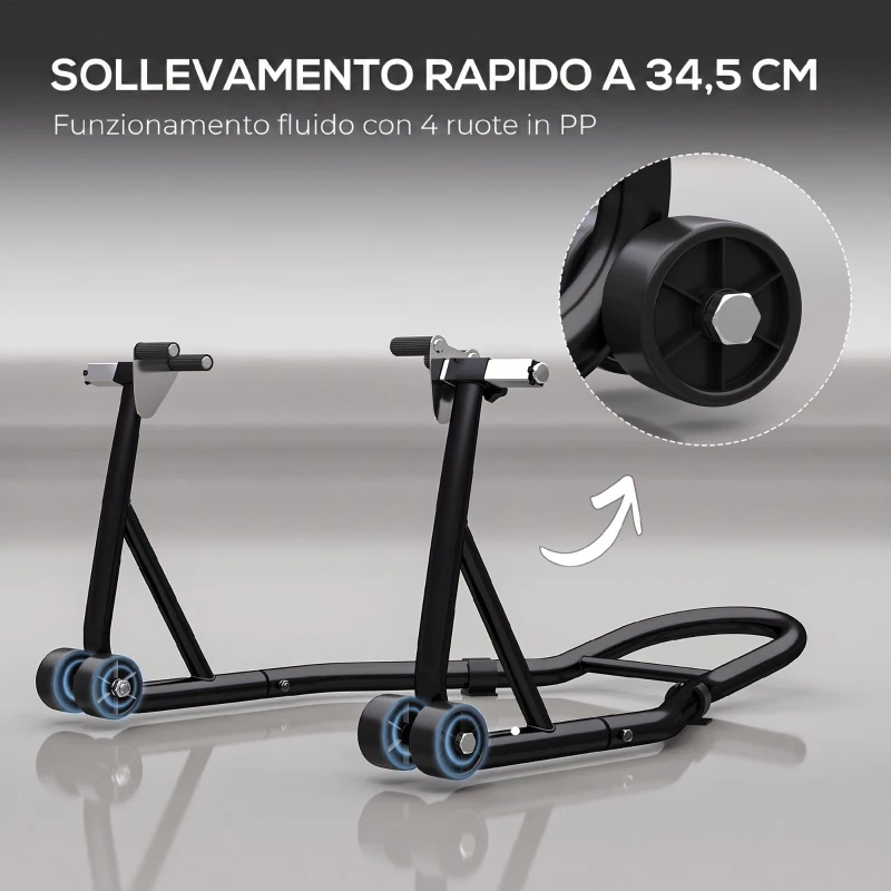HOMCOM Cavalletto Anteriore per Moto con Tappetino Antiscivolo, Adattatori Regolabili per Perni e Perno a Forchetta, Capacità 200 kg, per Pneumatici da 18", 17" e 10"