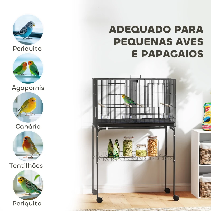 PawHut Gaiola para Pássaros com Divisória Rodas Gaiola para Aves com Comedouros Poleiros e Bandeja Removível 76x46x116 cm Preto