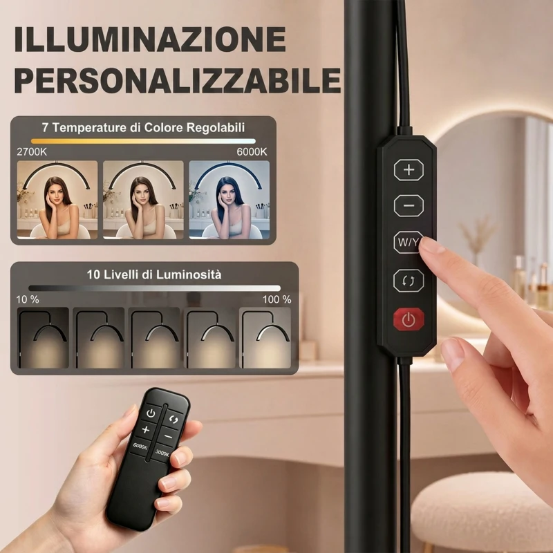 HOMCOM Lampada da Terra LED con Testa a Mezza Luna, Altezza e Temperatura Colore Regolabili, Telecomando, Nero