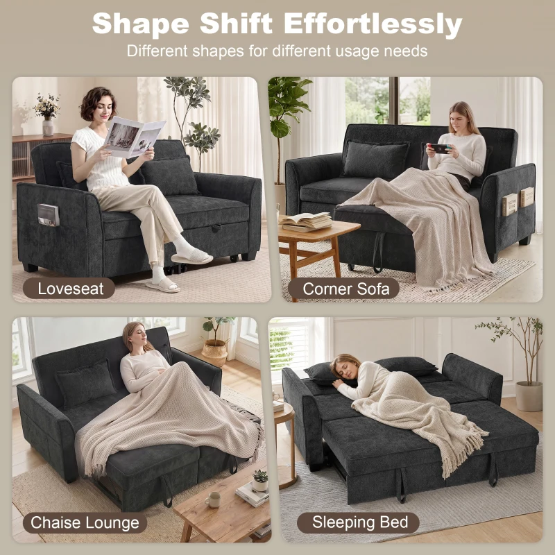 HOMCOM 2 Seater Sofa Bed, 4-in-1 L-Shaped Convertible Pull-Out Sleeper Sofa with Adjustable Backrest and Side Pockets, Black
