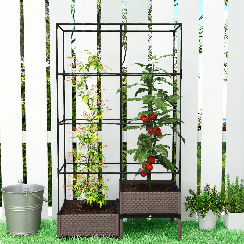 Outsunny Floreira com Grade Metálica para Plantas Trepadeiras 2 Caixas de PP com Orifícios de Drenagem 100x50x174 cm Preto