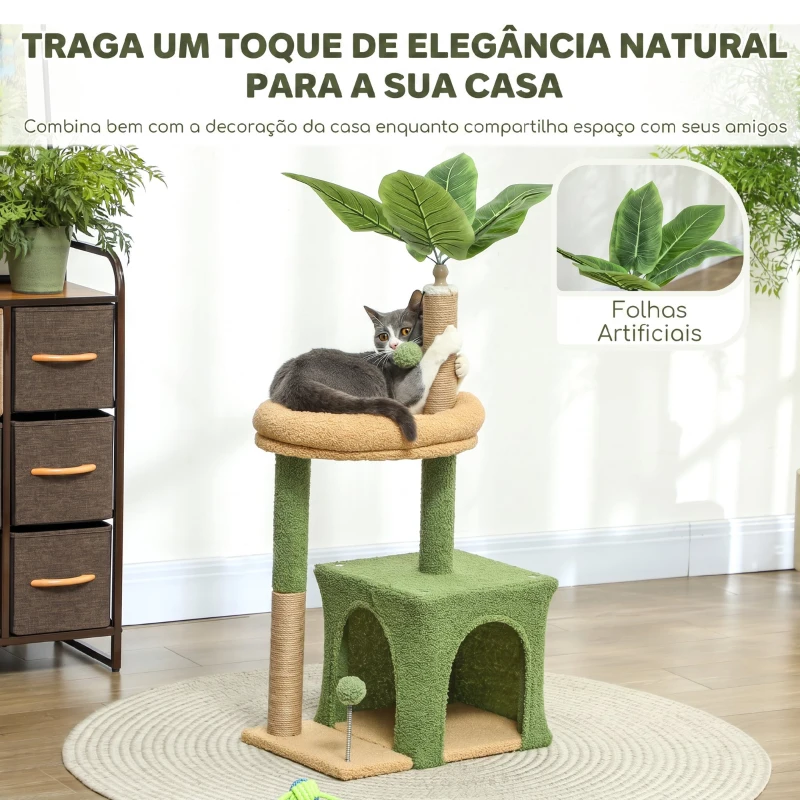 PawHut Árvore Arranhadora para Gatos 98 cm com Folhas Artificiais, Toca, Cama, Postes em Juta e 2 Bolas, Verde