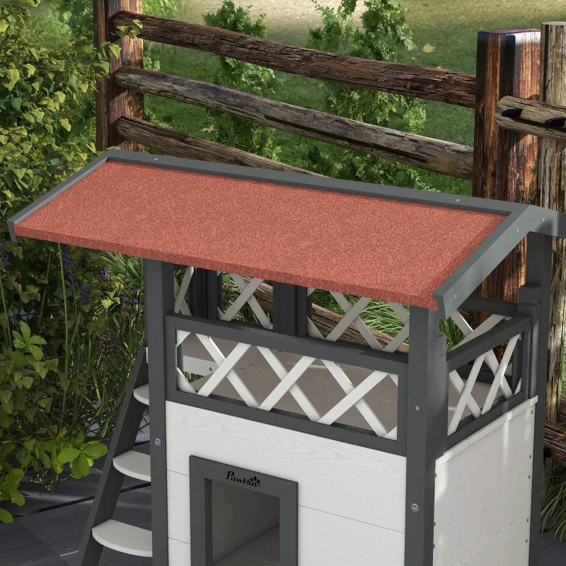 PawHut Kattenhuis Kattenhut Huisdierhut, met dak van asfalt, 2 verdiepingen, 1 ladder, Wit+Rood