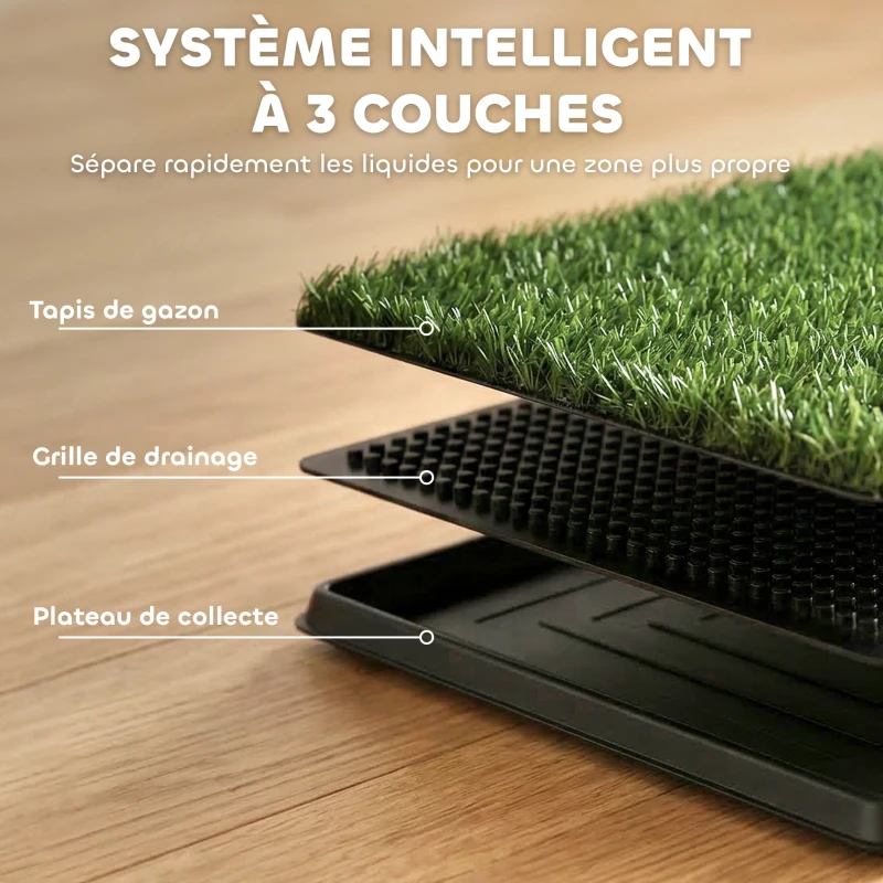 PawHut Toilette pour Chien avec 2 Tapis en Gazon Artificiel et Grille de Drainagec, Système Lavable, 63x50,5x3,5cm, Noir