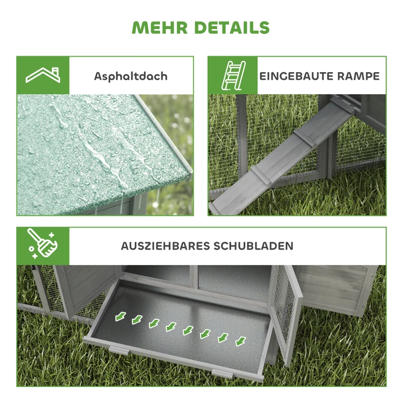PawHut Hühnerstall Holz Hühnerhaus mit Freilaufgehege Nistkasten Rampe herausziehbarem Tablett für 2-4 Hühner 168x75x103cm Grau