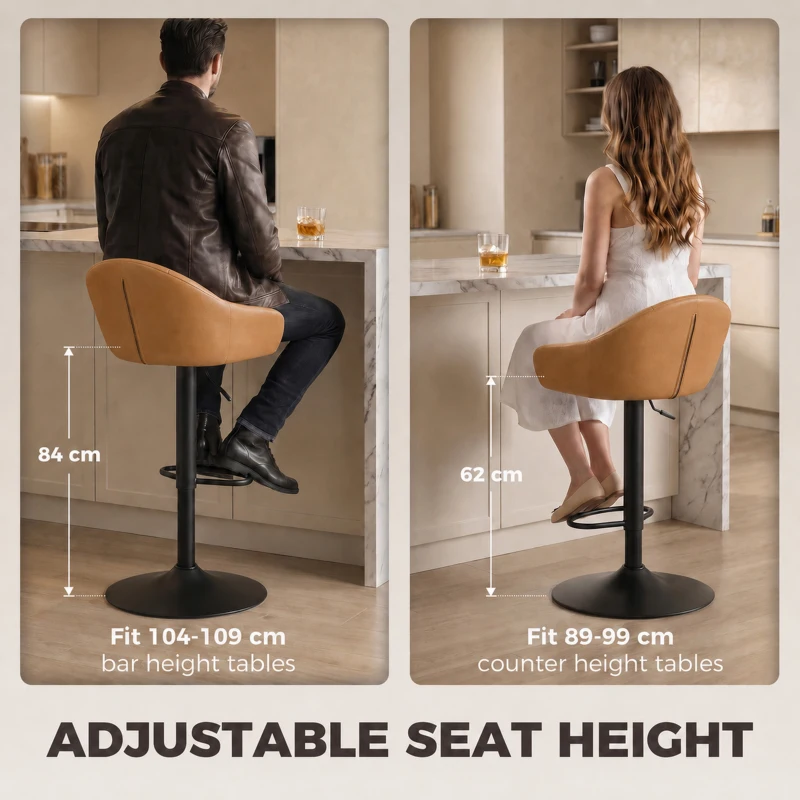 HOMCOM Bar Stools Adjustable Heights Breakfast Bar Stools Backrest Armrests Set of 2, Brown