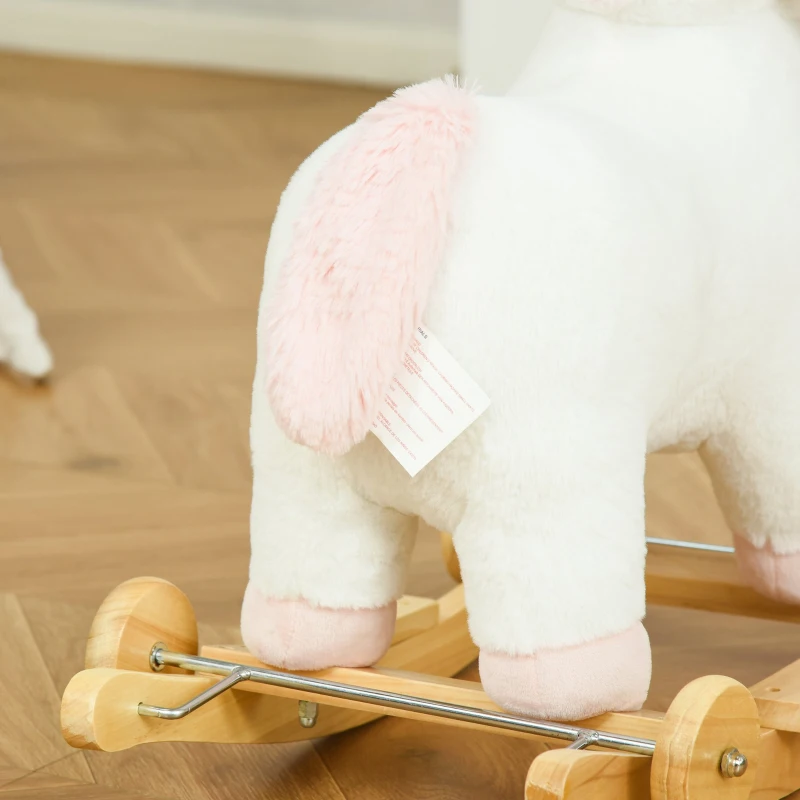 HOMCOM Cavallo a Dondolo per Bambini a Unicorno con Base Curva e Ruote, Cavallo a Dondolo 2 in 1 con Suoni Integrati e Rivestimento Peluche, per Bambini 3-6 Anni, 63x38x63cm, Bianco