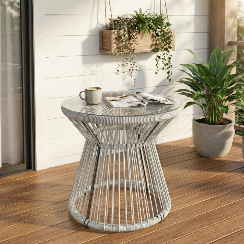 Outsunny Rattan Outdoor Coffee Table, PE Rattan Wicker Bistro Side Table with Tempered Glass Top, Light Grey