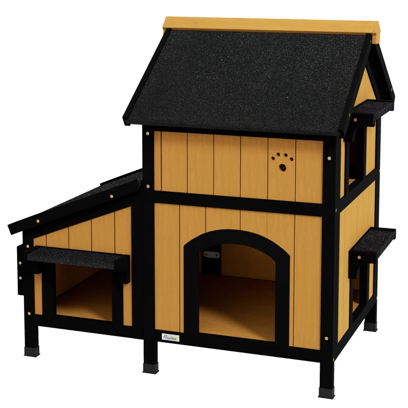 PawHut Casa para Gatos de Madeira com Suporte para Flores de 2 Níveis e Teto Asfáltico 96x65x85,5 cm Madeira e Preto