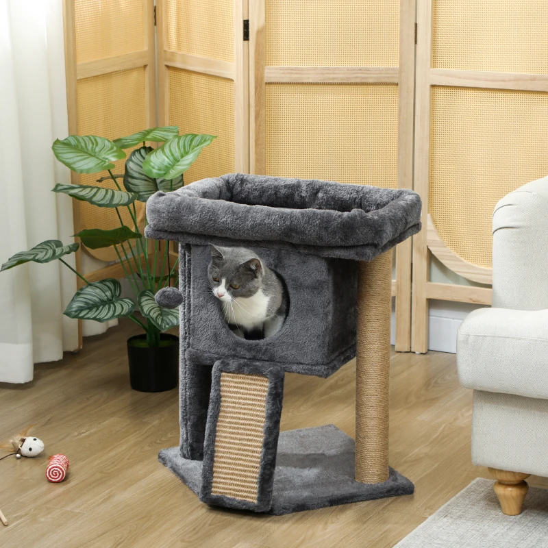 PawHut Arranhador para Gatos Pequenos 57 cm com Rampa para Arranhar Caverna Cama e Bola Suspensa 40x40x57 cm Cinzento Escuro