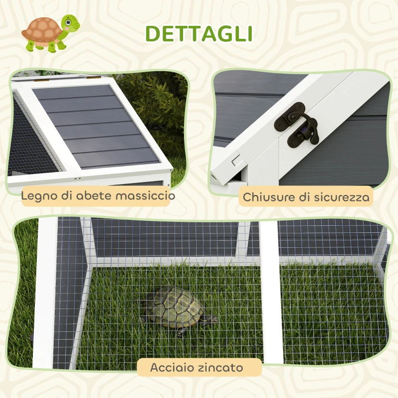PawHut Casetta per Tartarughe di Terra senza Fondo, in Legno di Abete e Acciaio Zincato, 120x55x50A cm, Grigio e Bianco