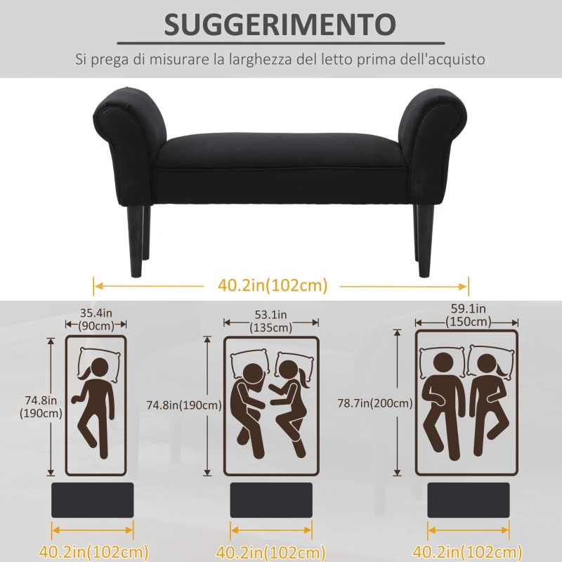 HOMCOM Panca Fondo Letto Imbottita con Braccioli Arrotolati, 102x35x51cm, Nero