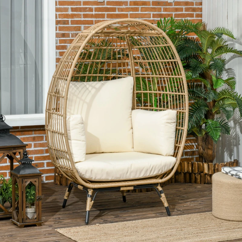 Outsunny Rotan Stoel in Mandvorm Rotan stoel met zitkussen tuinstoel metaal