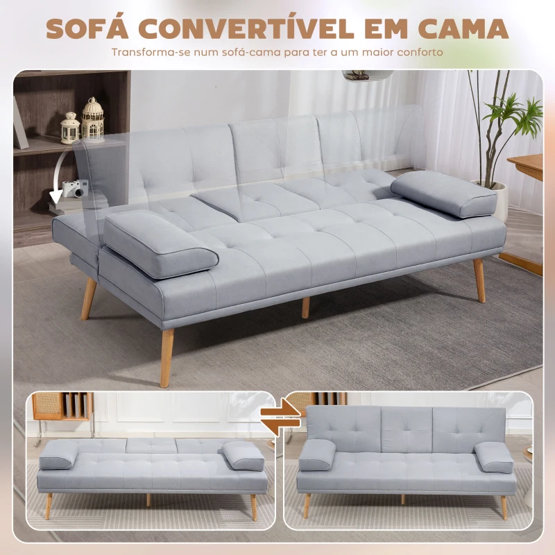 HOMCOM Sofá Cama 3 Lugares com Encosto Ajustável Apoio para os Braços Desmontável e 2 Suportes para Copos 181x77x78 cm Cinza Claro