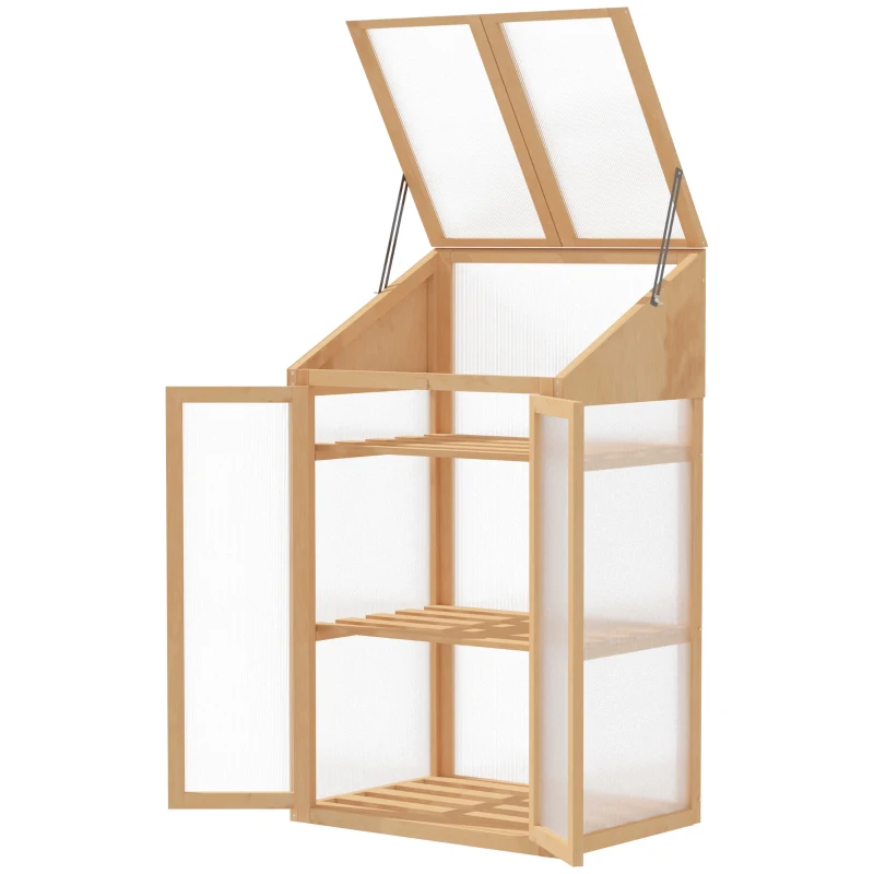 Outsunny Wooden Cold Frame Polycarbonate Greenhouse with Openable Top Cover and Double Door, Grow House for Flower, Vegetable and Plants, 70 x 50 x 120cm, Brown