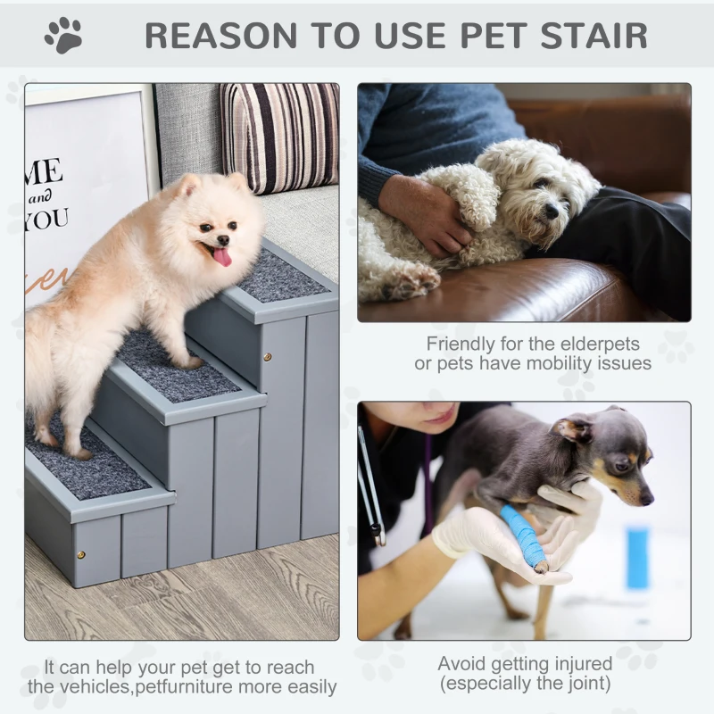 PawHut Dog Steps for Bed Sofa, 3 Step Wooden Dog Stairs for Sofa, Pet Stairs with Storage for Small Cats and Puppy, Grey