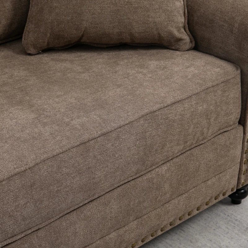 HOMCOM 196cm 3 Seater Sofa, Fabric Sofa with Rubber Wood Legs, Nailhead Trim, 2 Pillows, Small Upholstered Couch Settee for Living Room, Guest Room, Brown