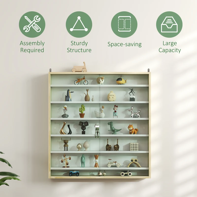 HOMCOM 7-Tier Wall Display Shelf Unit Cabinet w/ 6 Adjustable Shelves Glass Doors Home Office Ornaments 83x80cm, Oak