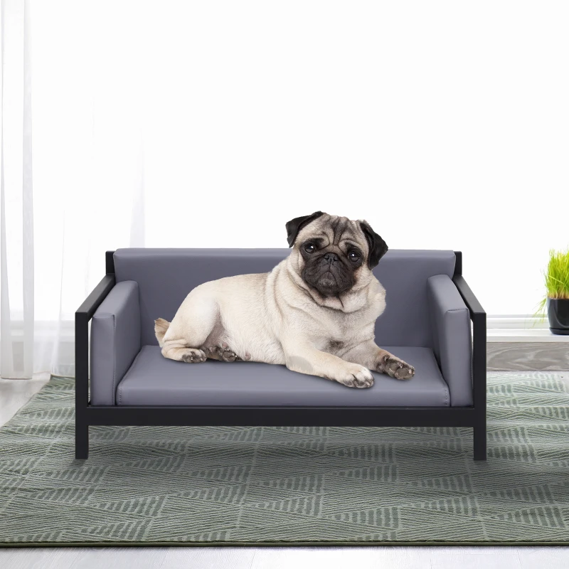 PawHut Deluxe PU Pet Sofa Couch Soft Dog Puppy Cat Sleep Bed Metal Frame Grey 64L x 52W x 27.5H cm
