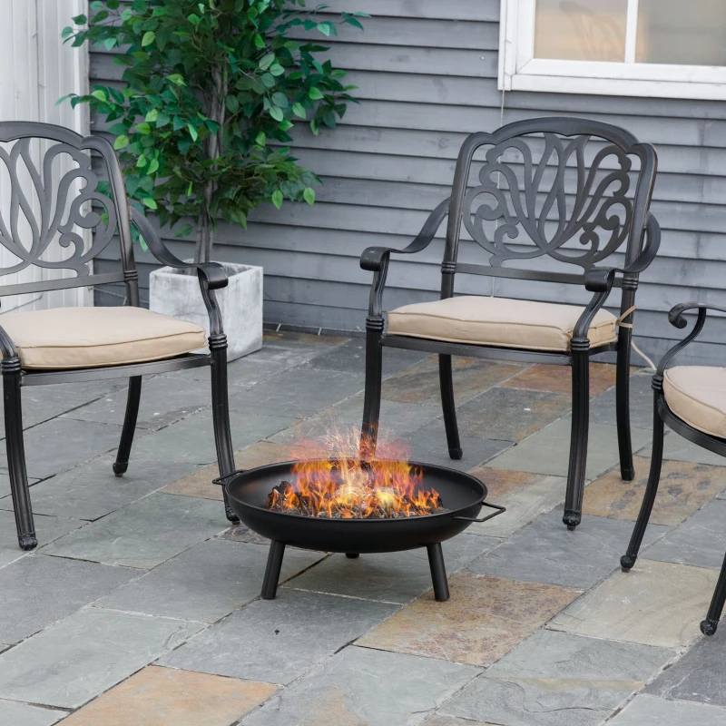 Outsunny Brasero Exterior Ø58x23 cm Cuenco de Fuego Redondo con Asas de Transporte 3 Pies y Marco de Metal para Hogueras Leñas Terraza Jardín al Aire Libre Negro