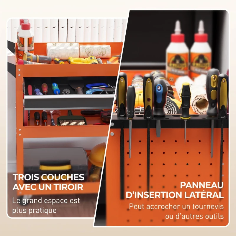 DURHAND Chariot d'atelier servante atelier à 3 niveaux avec tiroir, porte-outils latéral et poignée, 82x35x76 cm, orange
