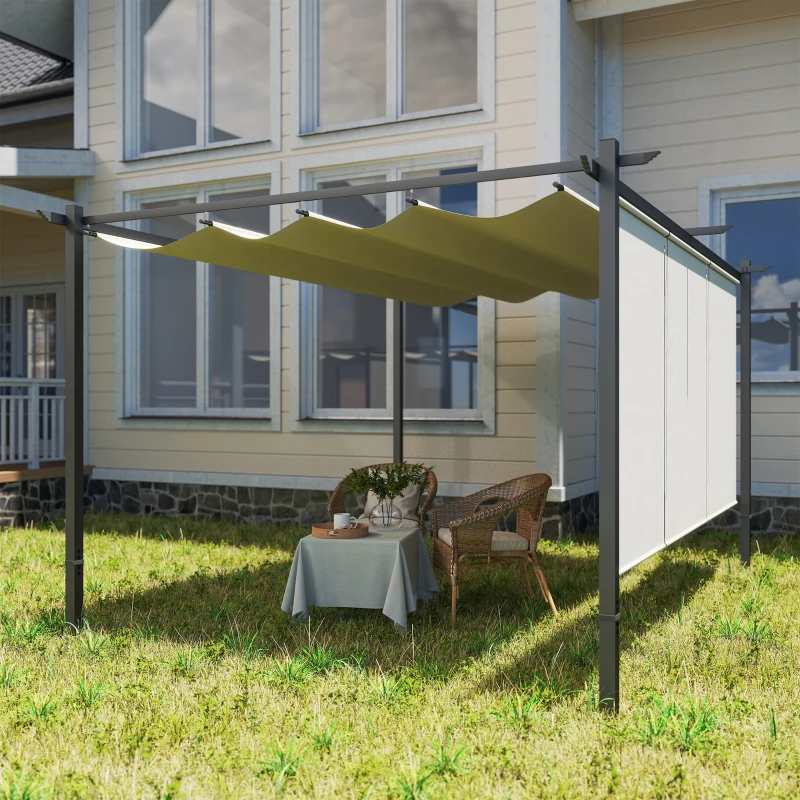 Outsunny Pérgola de Jardín 4x3 m con Techo Retráctil 3 Laterales Enrollables UPF30+ Cenador de Jardín para Patio Exterior Beige