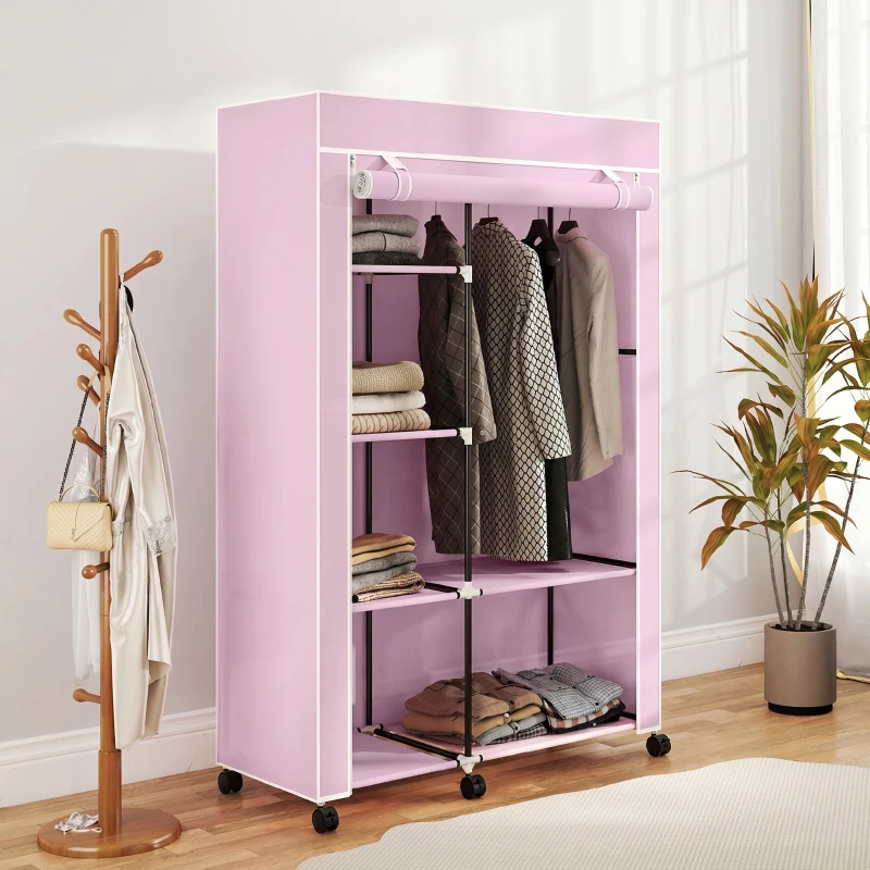 HOMCOM Armoire penderie en tissu meuble de rangement 6 roulettes tringle à vêtements et étagères ouvertes 103x43x162,5cm rose