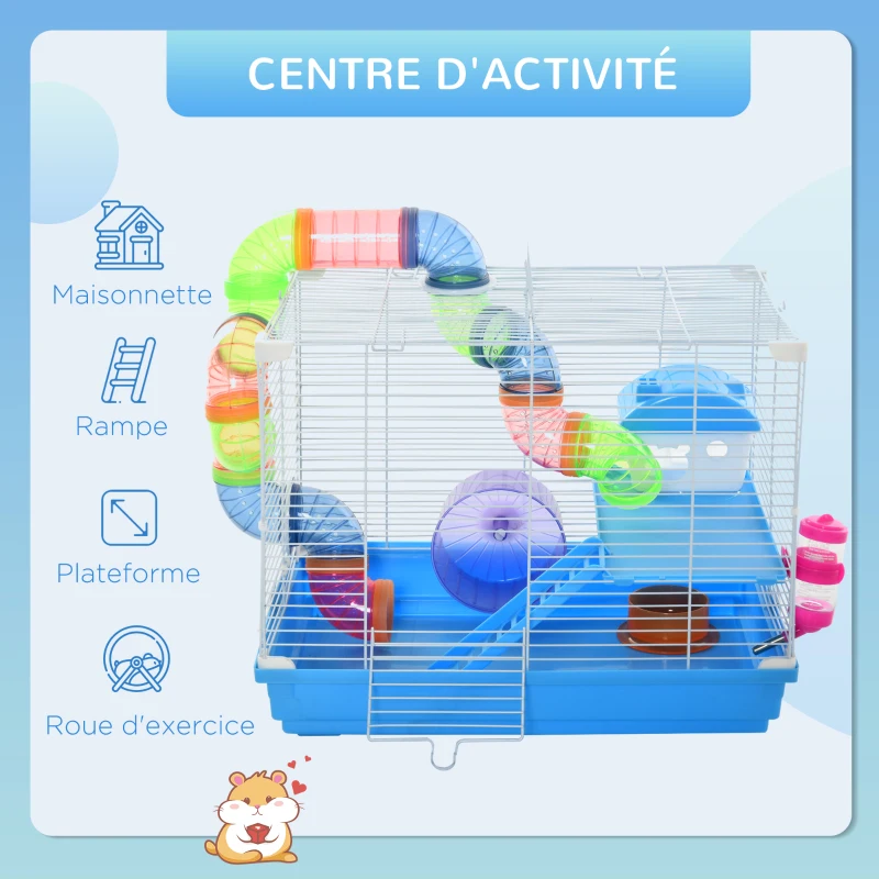 PawHut Cage à hamster rongeur 2 niveaux avec tunnel, biberon eau, roue, maisonnette, échelles dim. 46L x 30l x 37H cm, bleu