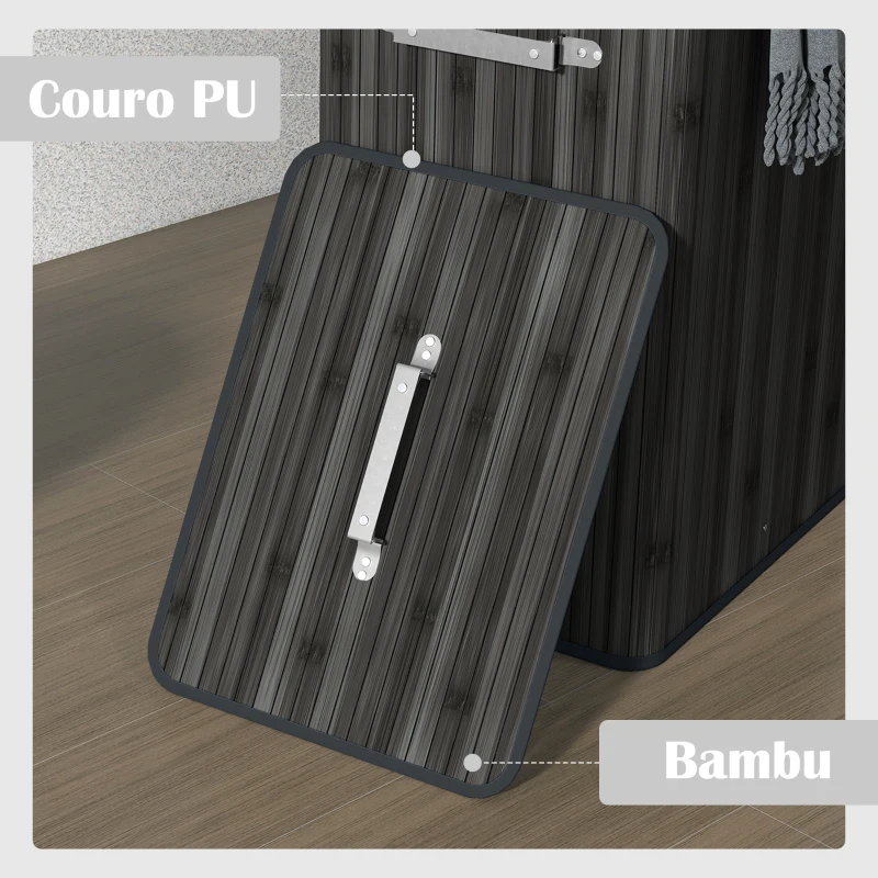 HOMCOM Cesto de Roupa de Bambu Dobrável Cesto para Roupa Suja com Tampa e Bolsa Amovível 40x30x60 cm Cinza Escuro