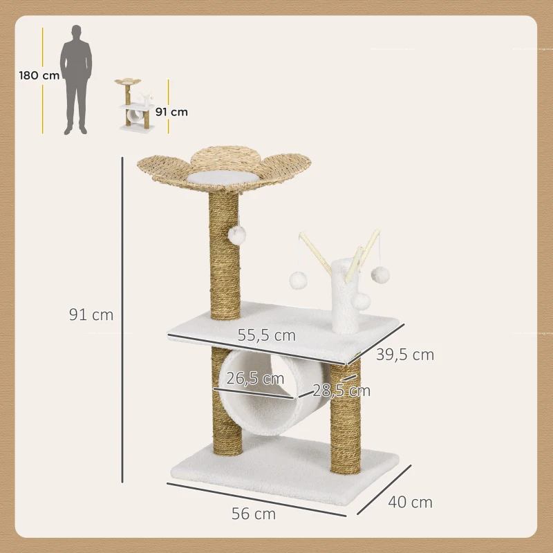 PawHut Arbre à chat griffoir sisal naturel tunnel plateforme style cosy chic quenouille peluche polyester 56 x 40 x 91cm beige