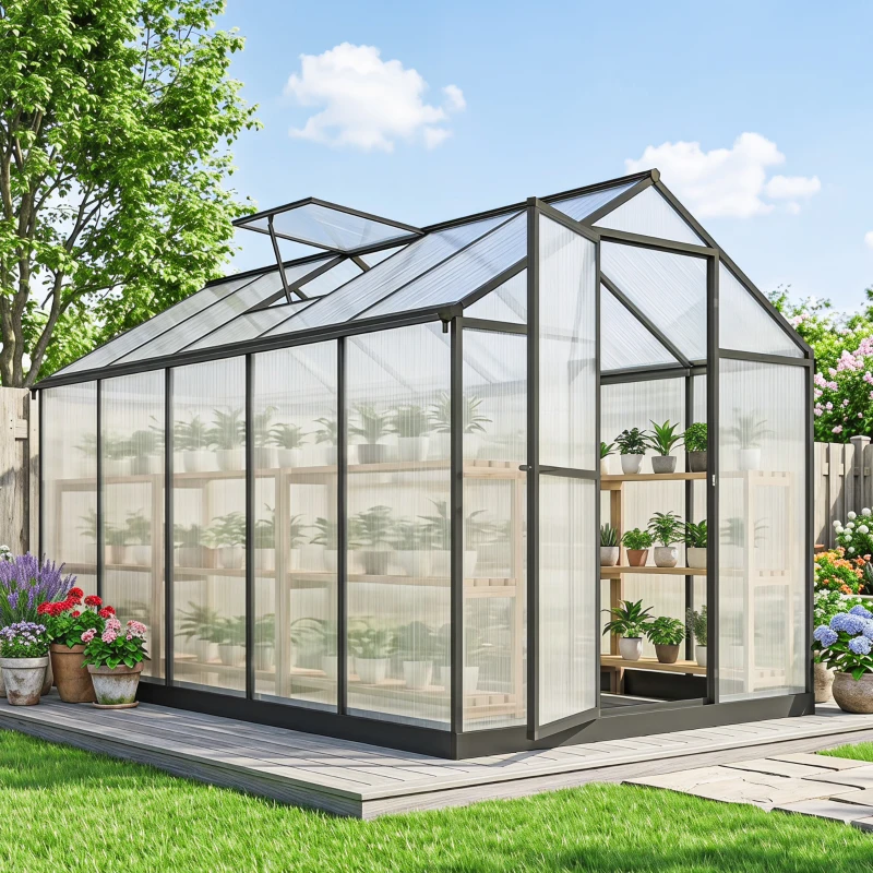 Outsunny Serre de jardin en aluminium polycarbonate, serre avec fenêtres supérieures réglables 303x183x195cm transparent