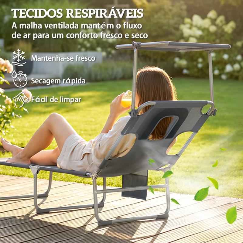 Outsunny Conjunto de 2 Espreguiçadeiras Dobráveis com Dossel 360° Encosto 5 Posições Orifício Facial 188x56x27 cm Cinza Escuro
