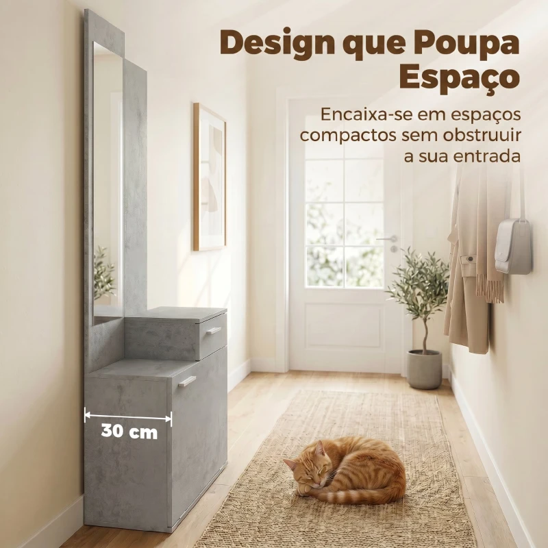 HOMCOM Móvel de Entrada com Espelho, Sapateira Basculante, Assento, Gaveta e Compartimento Aberto, 61x30x170 cm, Cinzento