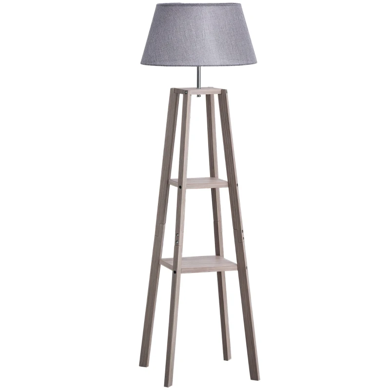 HOMCOM Staande lamp met schappen, Scandinavische schemerlamp, lamp, linnen, grenen hout, natuurlijk, grijs, 45 x 45 x 148 cm schappen vloerlamp lamp grenen naturel grijs | Aosom.de