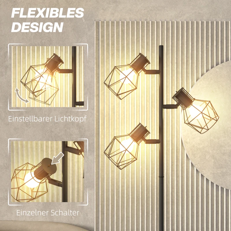HOMCOM 3-Licht Vloerlamp met Flexibele Verlichtingselementen, Boomachtige Structuur, voor Woonkamer en Slaapkamer, Metaal, Zwart