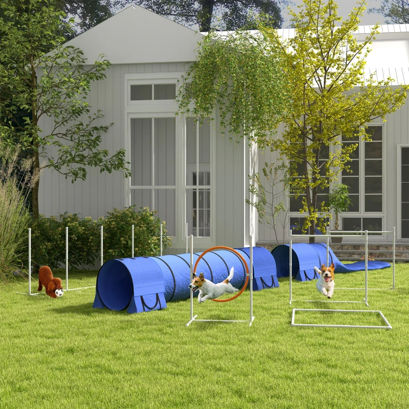 PawHut Hunde-Agiliy-Set Hundeparcours, 1 Reifen,  2 Tunnel 2 Hürden, 321 cm x 63c m x 93 cm, Blau + Rot+ Weiß