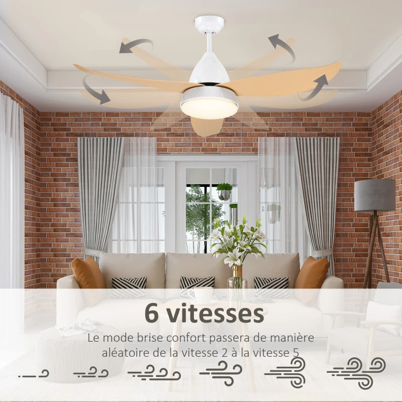 HOMCOM Ventilateur plafond avec lumiere 24 W réversible, ventilateur de plafond avec 3 pales et télécommande 6 vitesses silencieux, lampe ventilateur plafond LED Ø122 cm, pour chambre, salon, blanc
