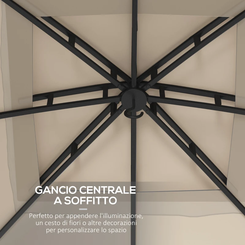 Outsunny Gazebo da Giardino 3x3m in Acciaio con Doppio Tettuccio e Tende, Beige e Grigio