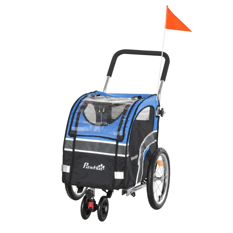 PawHut Carrello 2 in 1 Passeggino per Cani e Rimorchio Bici, Ruota Girevole Catarifrangenti e Bandierina 130x58x94cm Blu