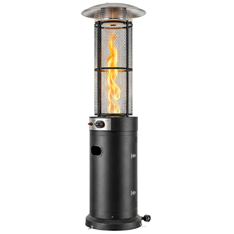 Outsunny 11 KW Freestanding Gas Patio Heater, Adjustable Outdoor Garden Propane Heater with Tip-Over Switch, Wheels, Pulse Ignition, Tank Room with Openable Door, Black