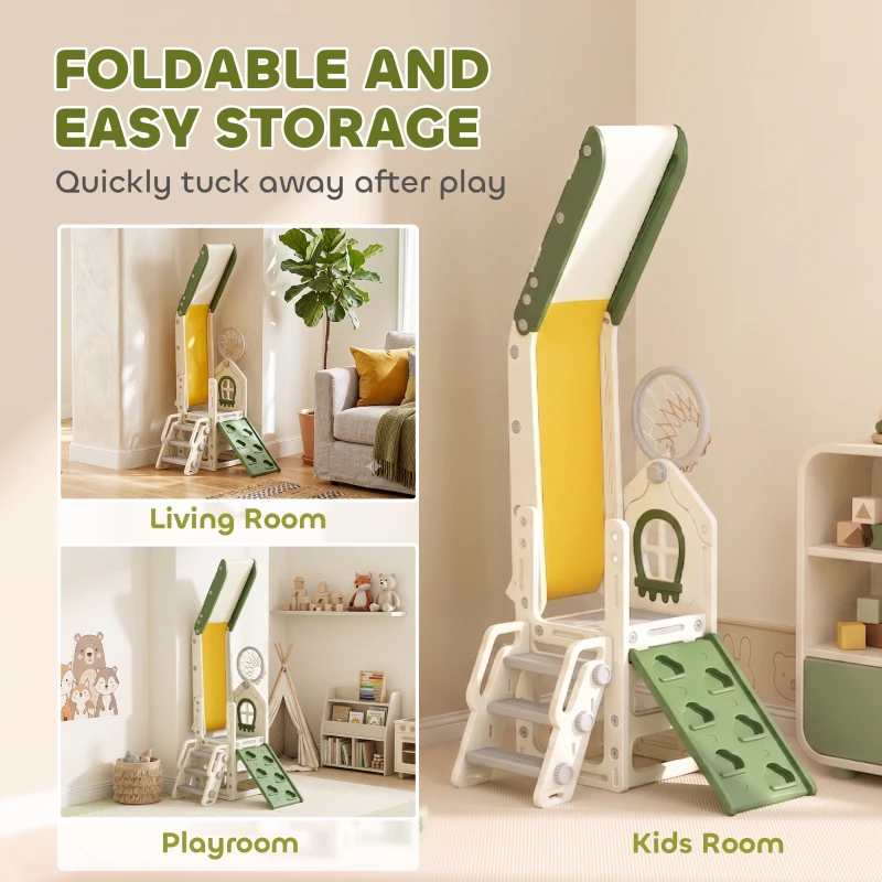 AIYAPLAY Foldable 5 in 1 Toddler Slide with Ladder, Climbing Wall, Basketball Hoop, Storage and Basketball for 1-3 Years, Cream