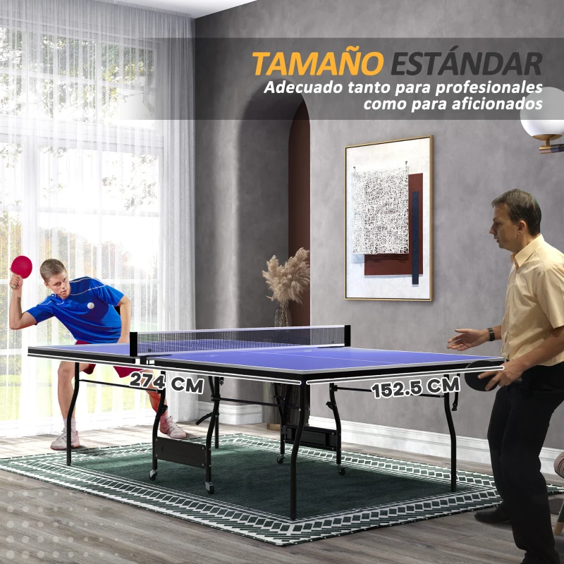 SPORTNOW Mesa de Ping-Pong Tamaño Estándar con 4 Ruedas Red 2 Paletas y 3 Pelotas para Interior 274x152,5x76 cm Azul