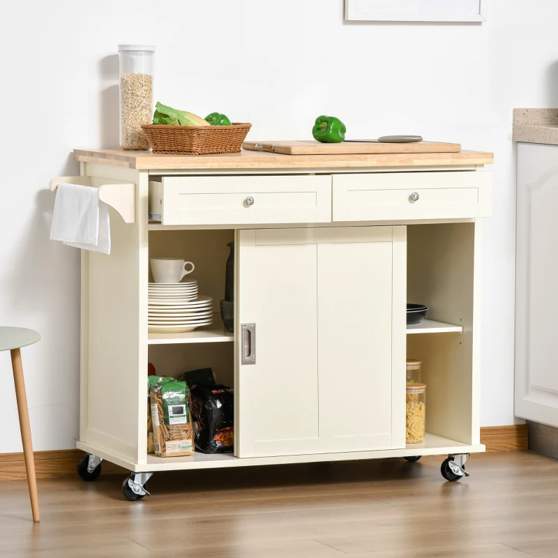HOMCOM Insulă de Bucătărie pentru Ustensile și Accesorii cu Sertare, Dulap și Suport pentru Prosoape, 110x49.5x89.5 cm, Alb