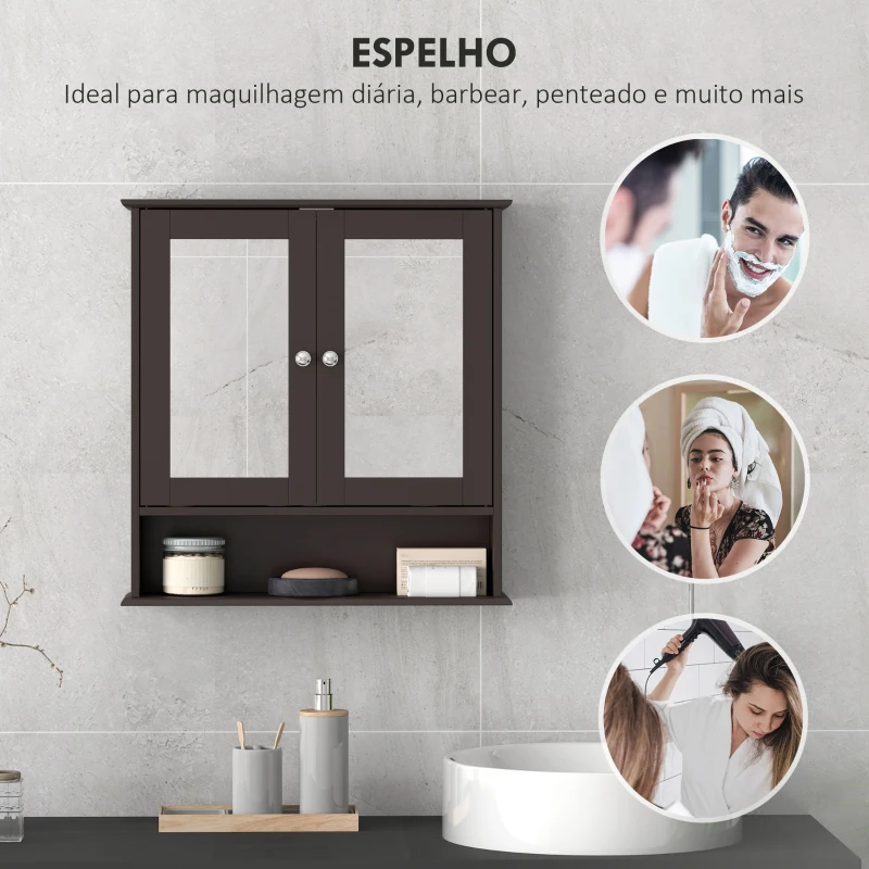 kleankin Armário de Casa de Banho com Espelho 2 Portas Prateleira Aberta Móvel de Casa de Banho Suspenso 56x13x58cm Castanho Escuro